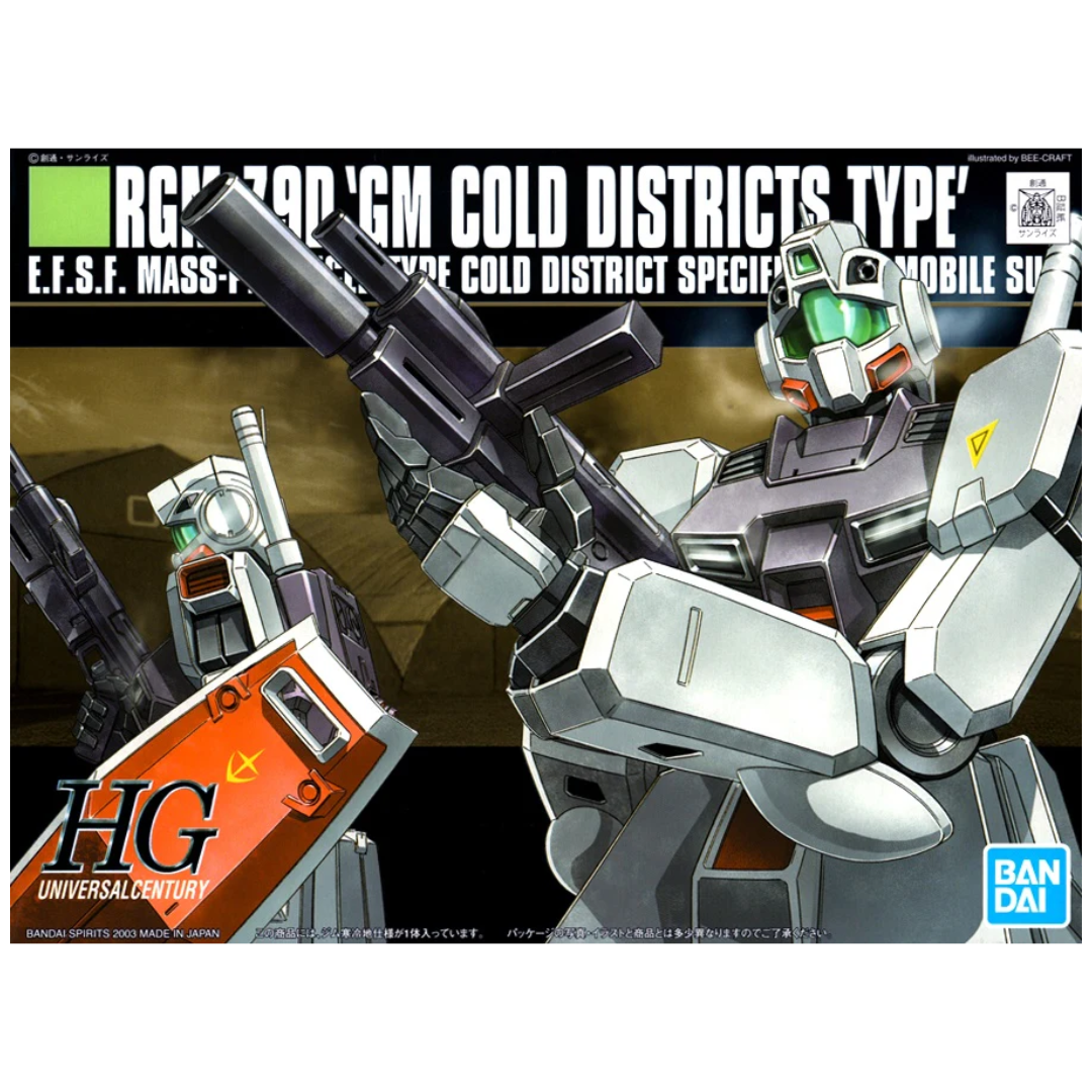 Bandai HG RGM-79D GM Cold Districts Type model kit box art image assembled with machine gun and shield