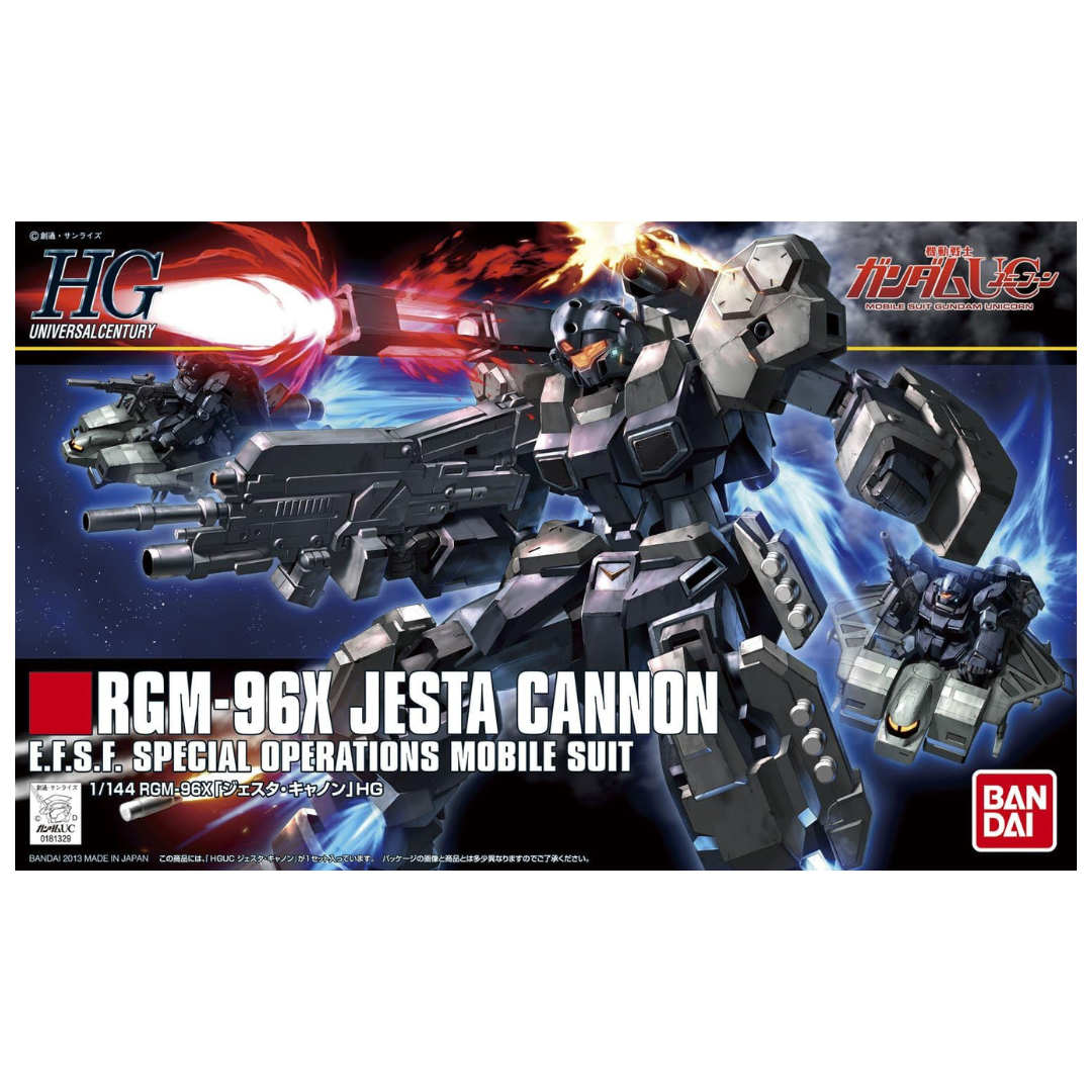 Box art of Bandai HG RGM-96X Jesta Cannon from Gundam UC, showcasing its heavy weaponry, twin beam cannons, missile pods, and reinforced armor in a dynamic battle pose.