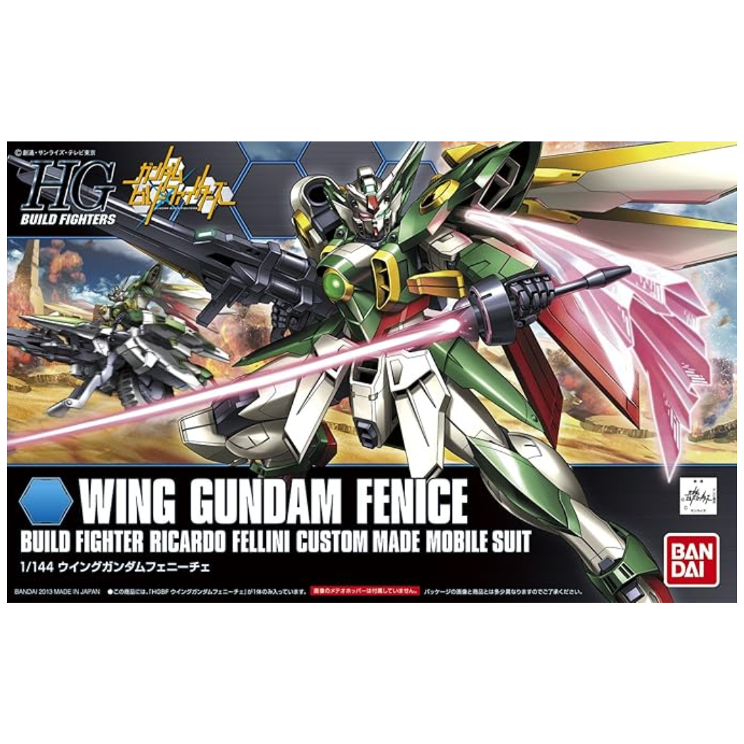 Bandai HG Wing Gundam Fenice model kit box art image assembled and posed with rifle and shield