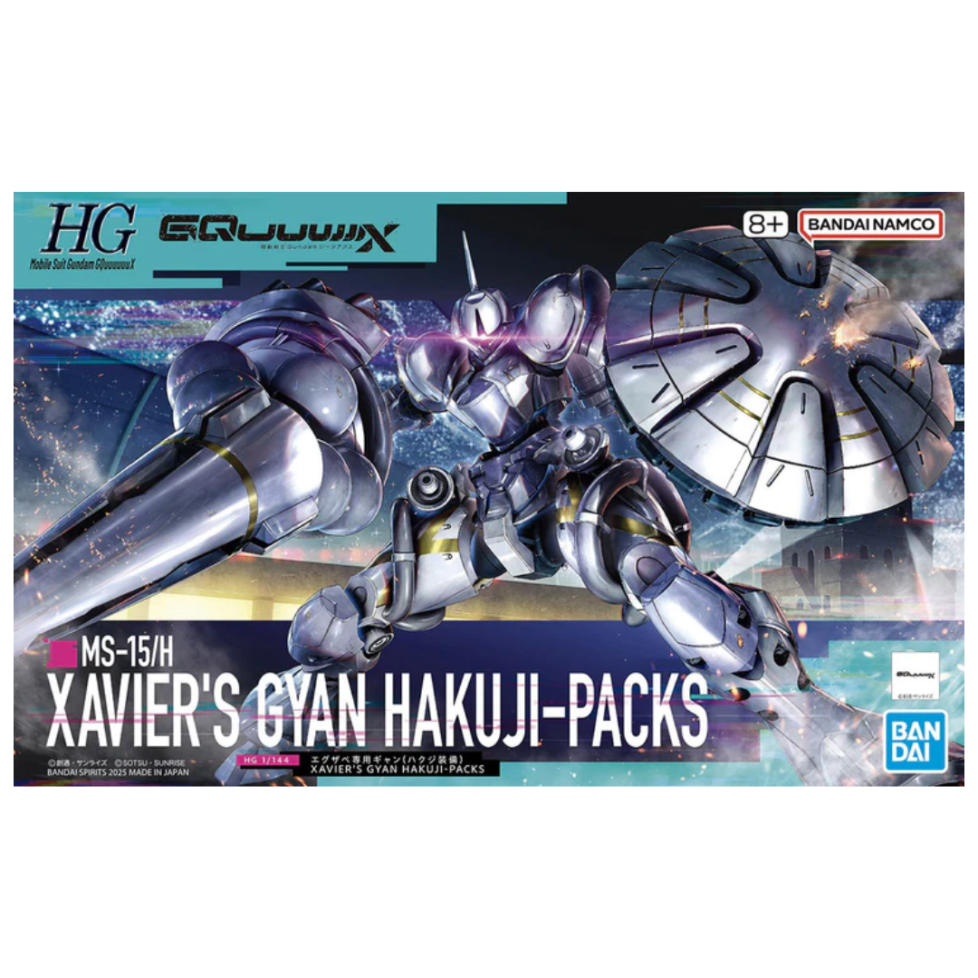Bandai HG Xavier’s Gyan Hakuji-Packs model kit box art featuring the silver mobile suit with large shield and beam lance from Mobile Suit Gundam GQuuuuuuX.