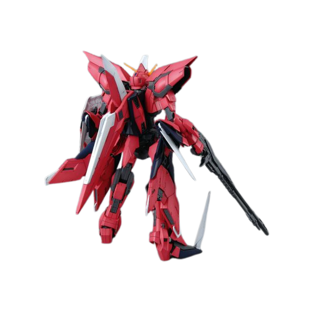 Master Grade Aegis Gundam model from Gundam SEED, featuring dynamic articulation, detailed parts, and transformation capabilities in 1/100 scale.