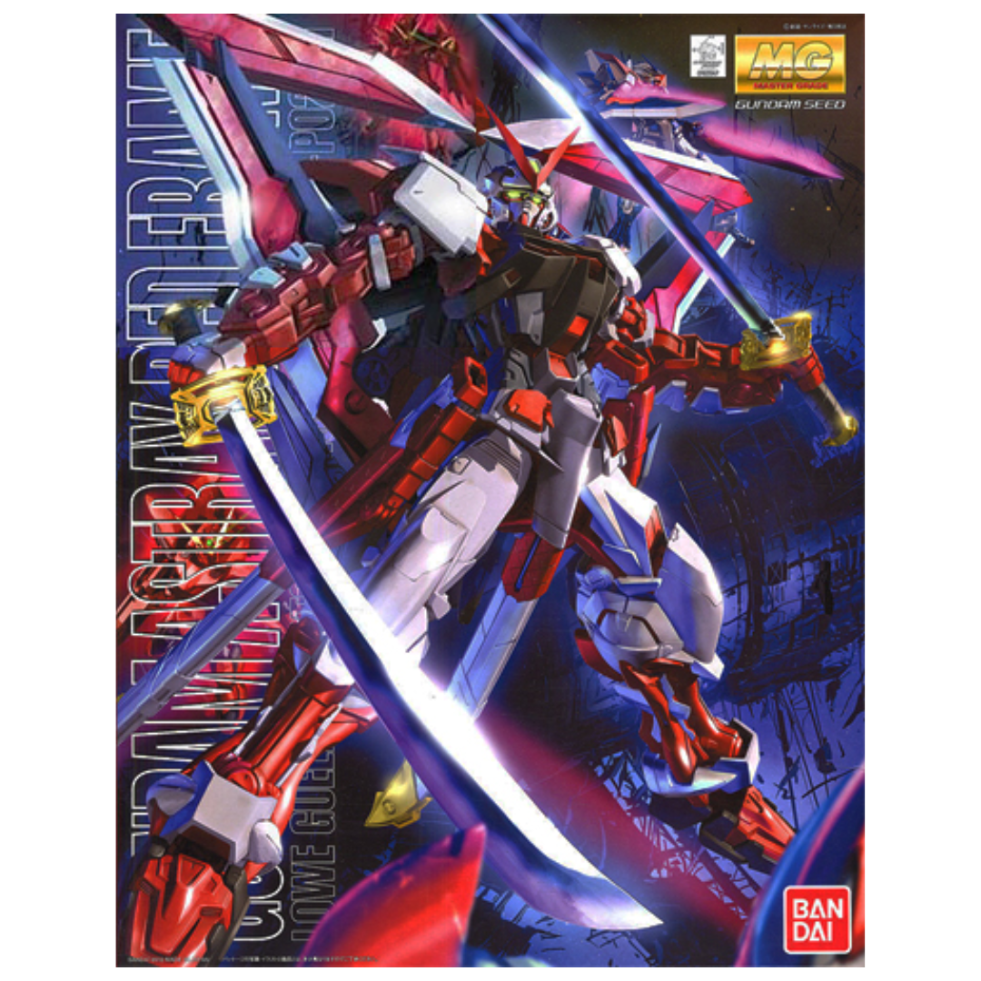 Bandai MG Astray Red Frame Revise Gundam SEED Astray model kit box art featuring dual katanas and Tactical Arms equipment