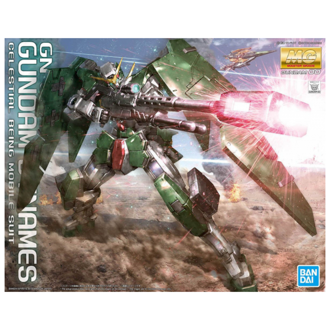 Bandai MG Gundam Dynames model kit from Mobile Suit Gundam 00, featuring GN Sniper Rifle, deployable shields, and intricate articulation in 1/100 scale. box art