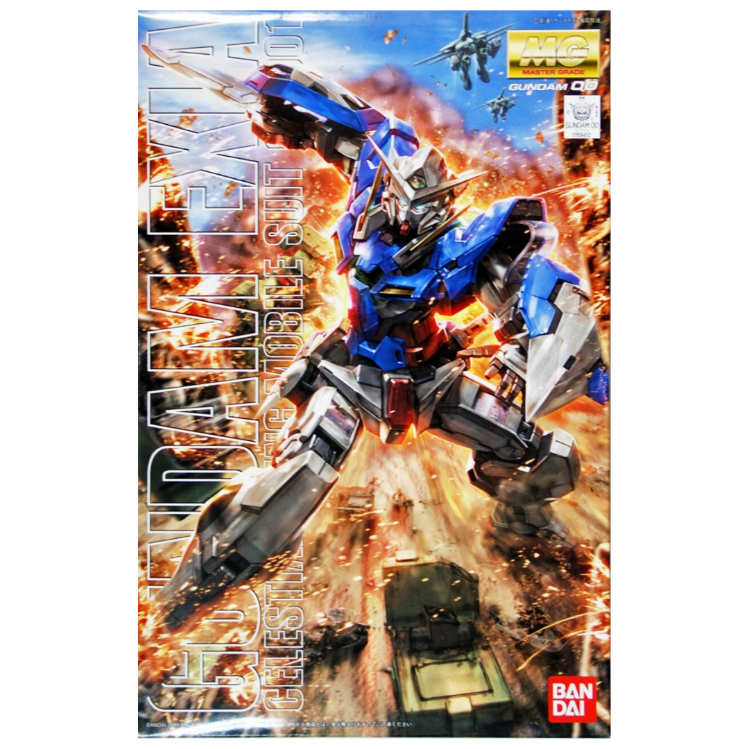 Bandai MG Gundam Exia Gundam 00 model kit, highly articulated 1/100 scale Gunpla with GN Sword, GN Blades, and Beam Daggers for dynamic posing.