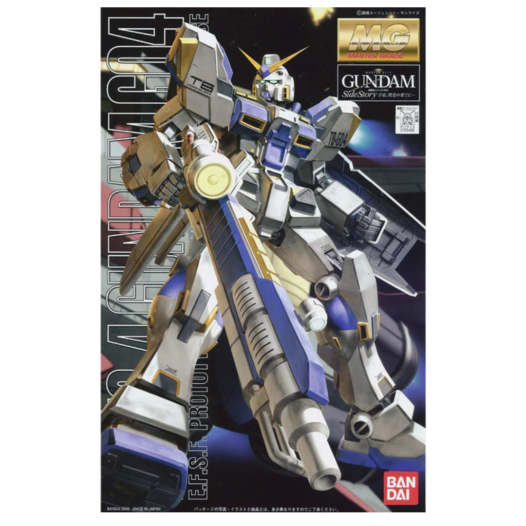 Posed MG RX-78-4 Gundam Encounters in Space model kit with dynamic stance, showcasing articulation, backpack thrusters, and hyper beam launcher in blue color scheme