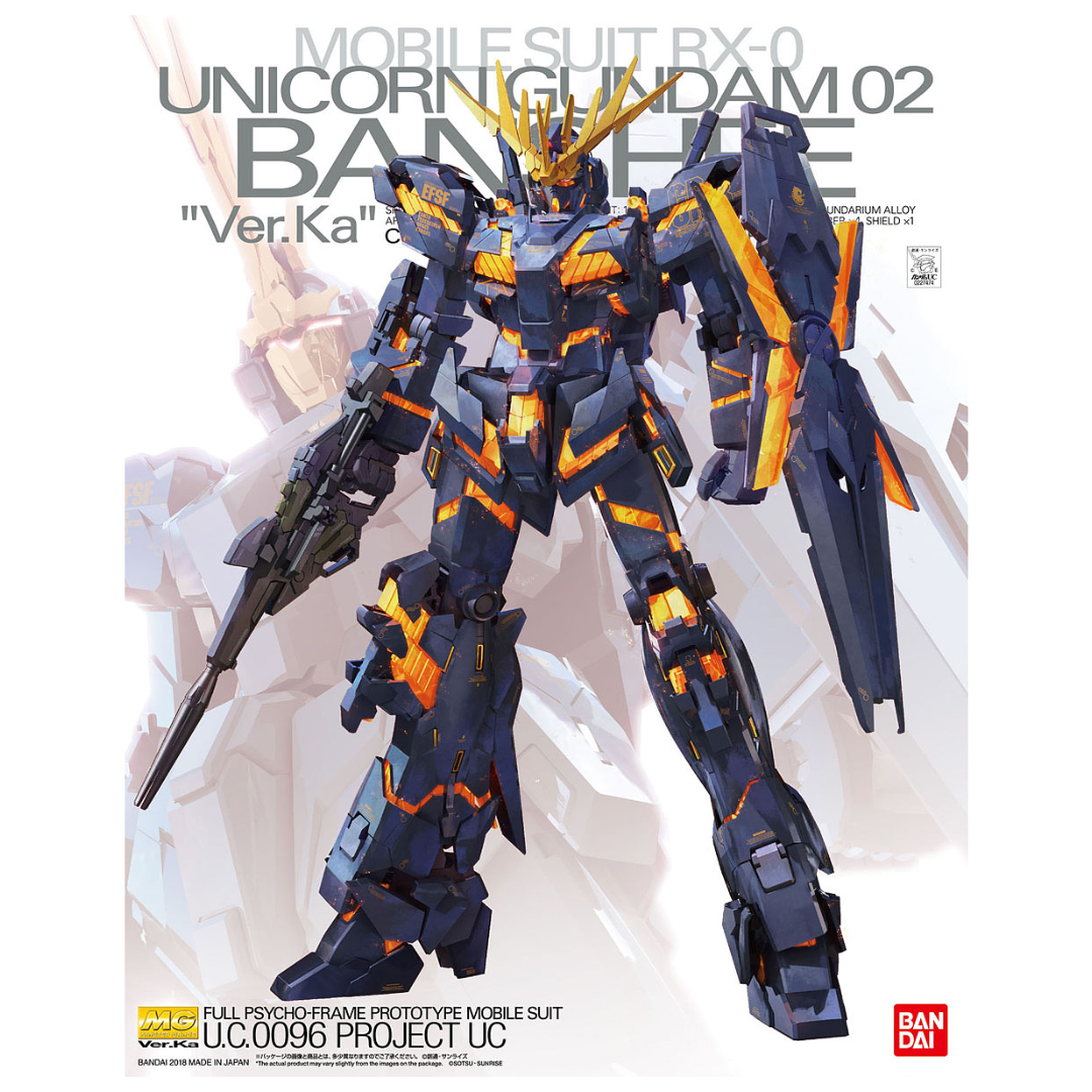 Bandai MG RX-0 Unicorn Gundam 02 Banshee Ver.Ka model kit with detailed psycho-frame design and striking dark navy and gold armor.