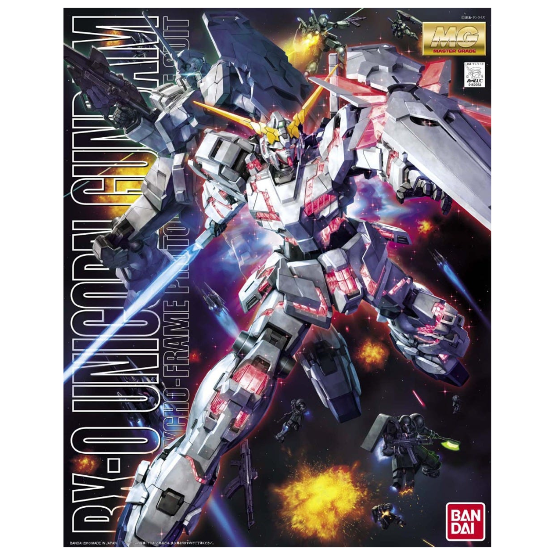 MG RX-0 Unicorn Gundam Gundam UC model kit, 1/100 scale Gunpla with Destroy Mode transformation, articulated frame, and Psycho-Frame accents.