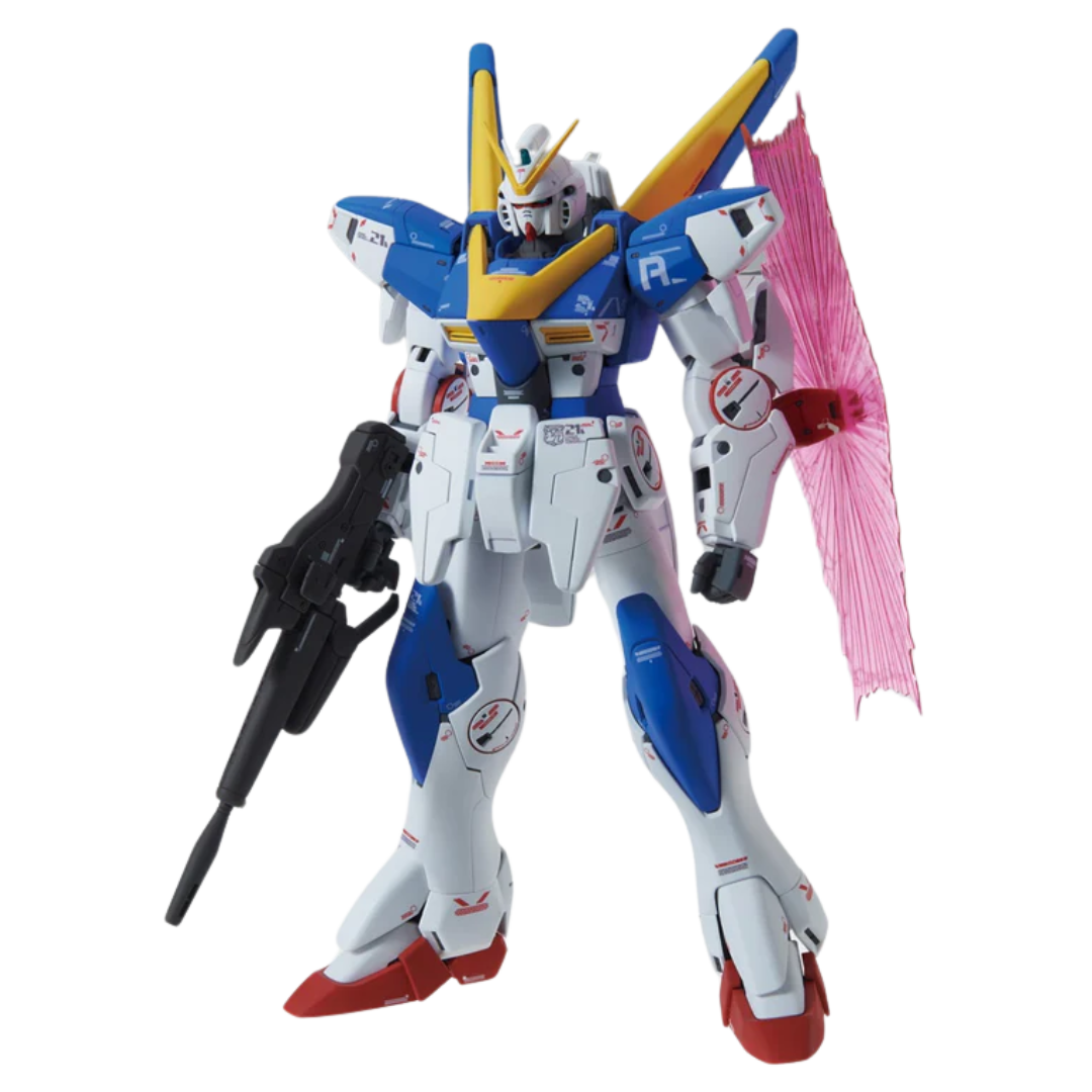 Bandai MG V2 Gundam Ver. Ka Victory Gundam model kit assembled and posed with beam rifle and beam shield, highly detailed Master Grade Gunpla for collectors and builders
