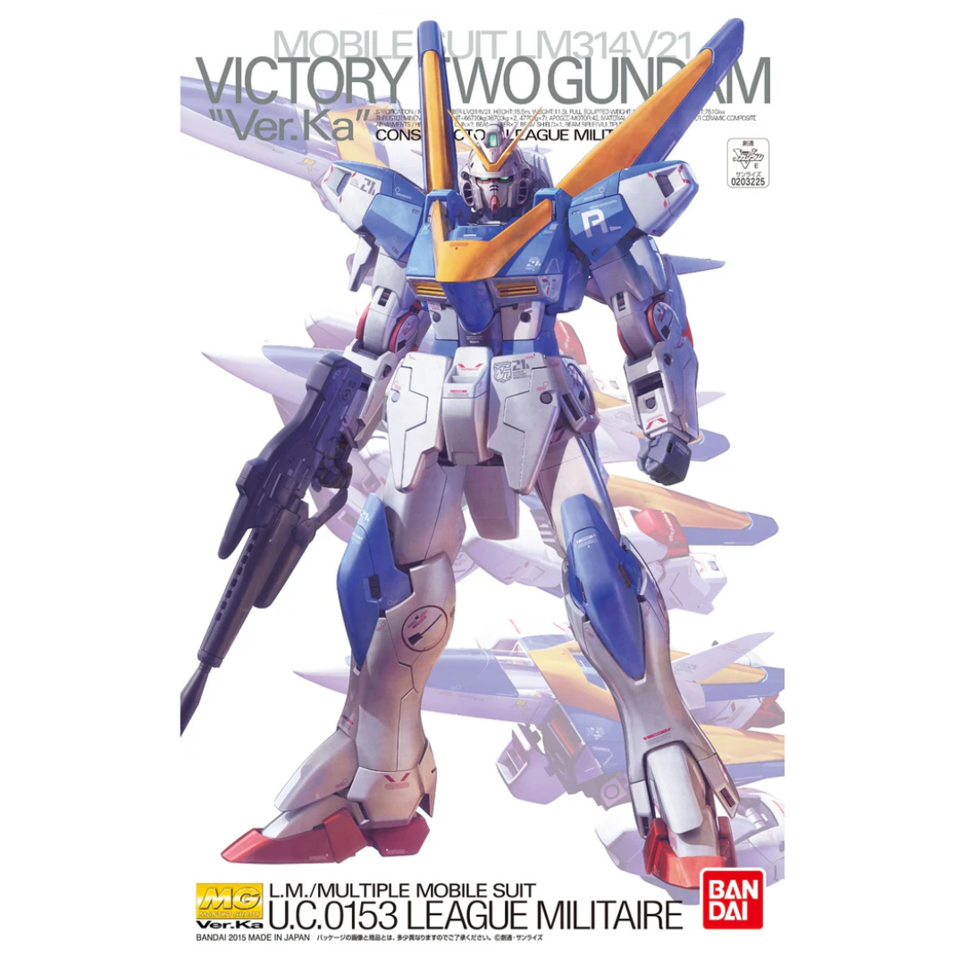 Close-up of Bandai MG V2 Gundam Ver. Ka model kit showing intricate mechanical detailing and articulation from Victory Gundam, premium Master Grade Gunpla display