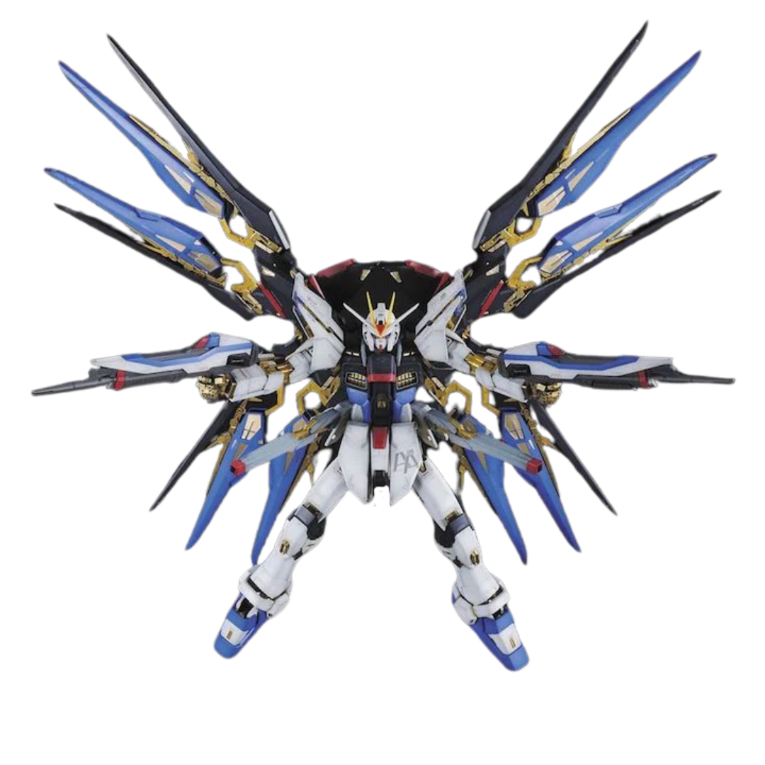 Bandai PG Strike Freedom Gundam model kit with gold electroplated parts, Super DRAGOON wings, and premium articulation from Gundam SEED Destiny.