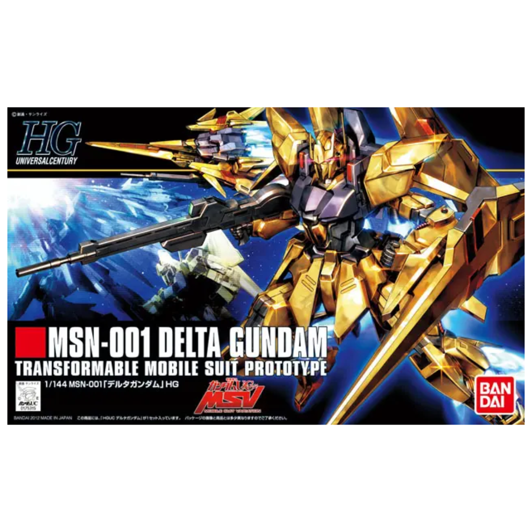 Bandai HG Delta Gundam 1/144 model kit with gold armour and weapons