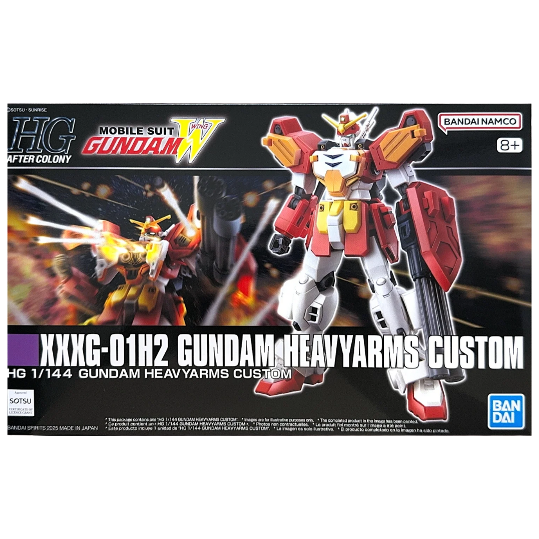 Bandai HG Gundam Heavyarms Custom 1/144 model kit box art from Mobile Suit Gundam Wing Endless Waltz with gatling gun and missile pods