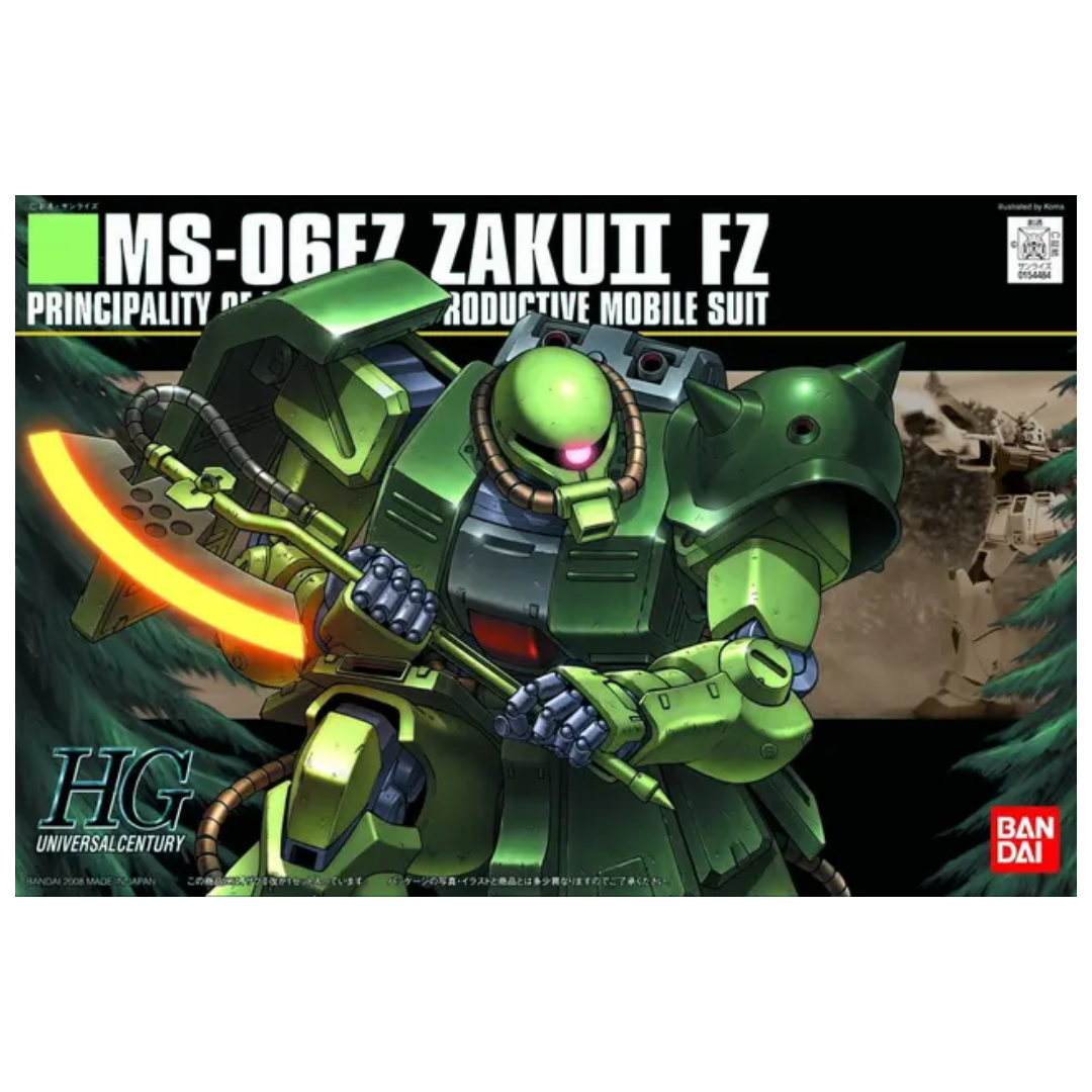 Bandai HG MS-06FZ Zaku II FZ Gundam 0080 box art showcasing Zaku II FZ in battle with realistic weapon effects and urban backdrop.