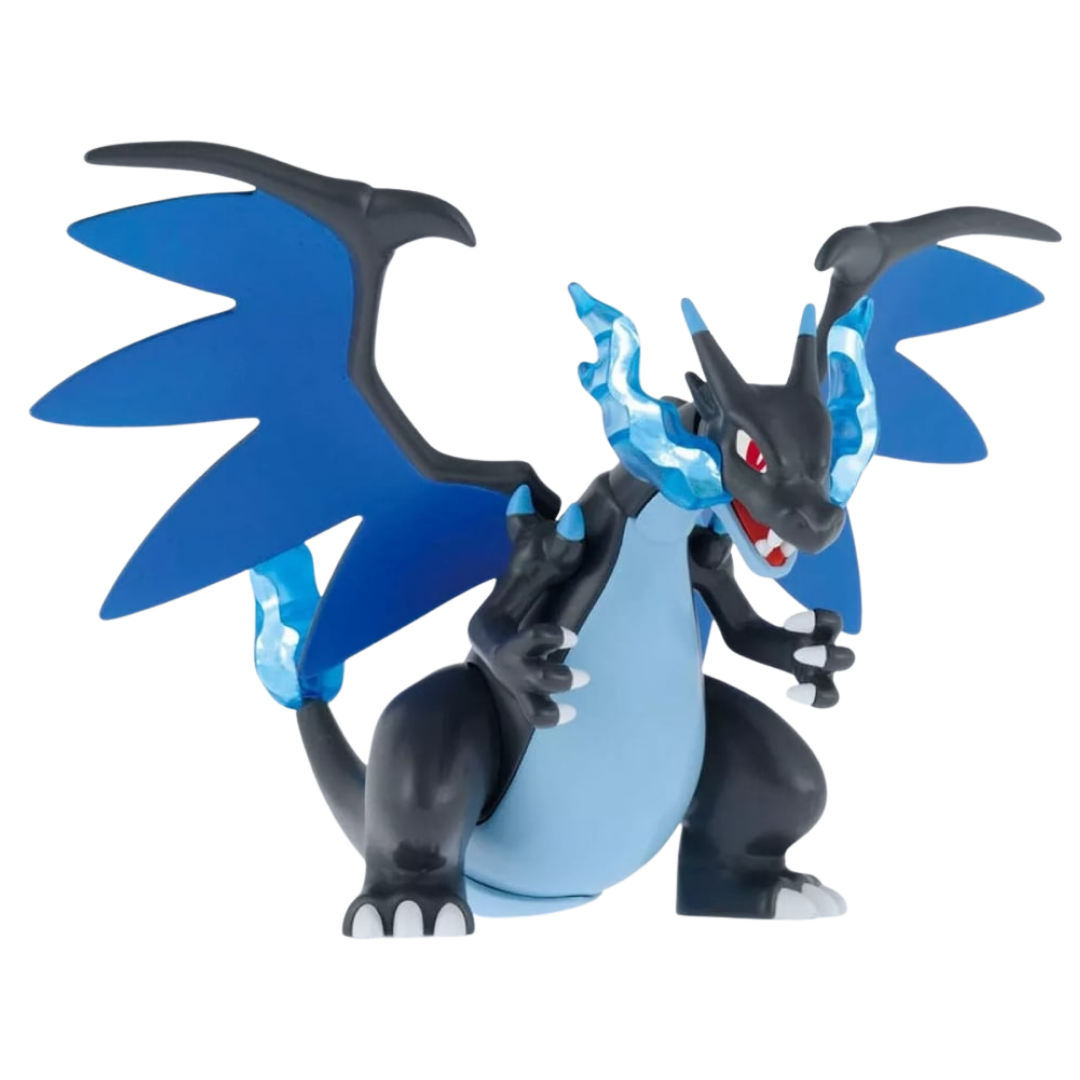Bandai Pokémon Mega Charizard X model kit front view standing with blue flames and wings spread