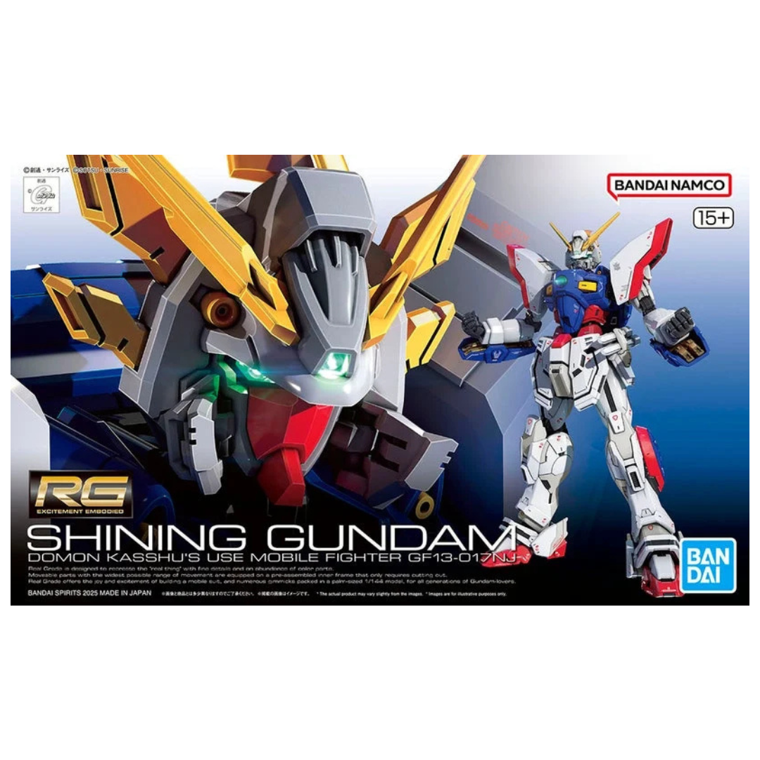 Bandai RG Shining Gundam model kit box art from Mobile Fighter G Gundam featuring Normal and Super Mode designs