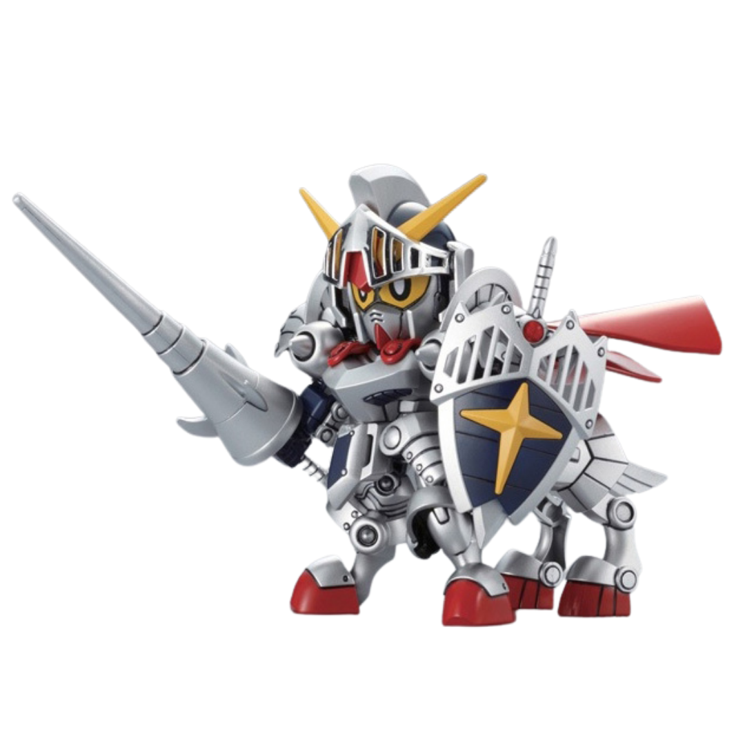 Bandai SD Legend BB Knight Gundam model kit posed with lance, shield, sword, and red cape