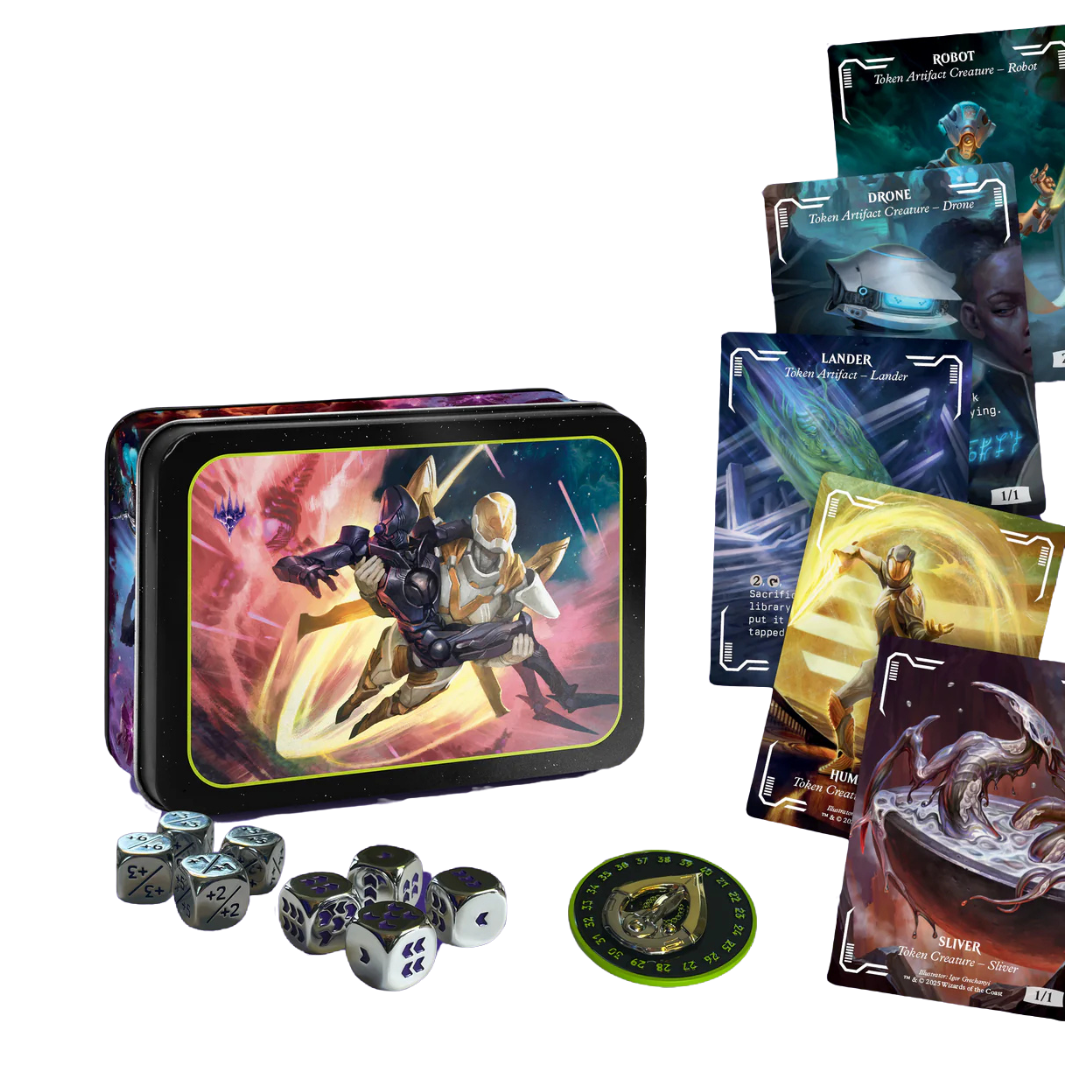 Beadle & Grimm’s MTG Edge of Eternities Token Set with character cards, dice, and a tin box on a white background