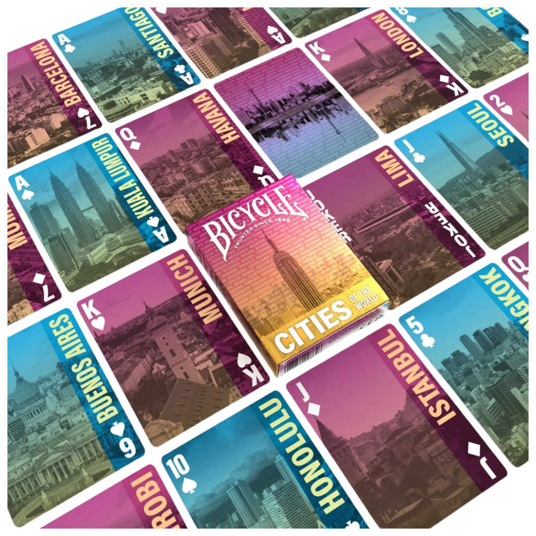 Spread of Playing cards with cityscapes and 'Bicycle Cities' branding