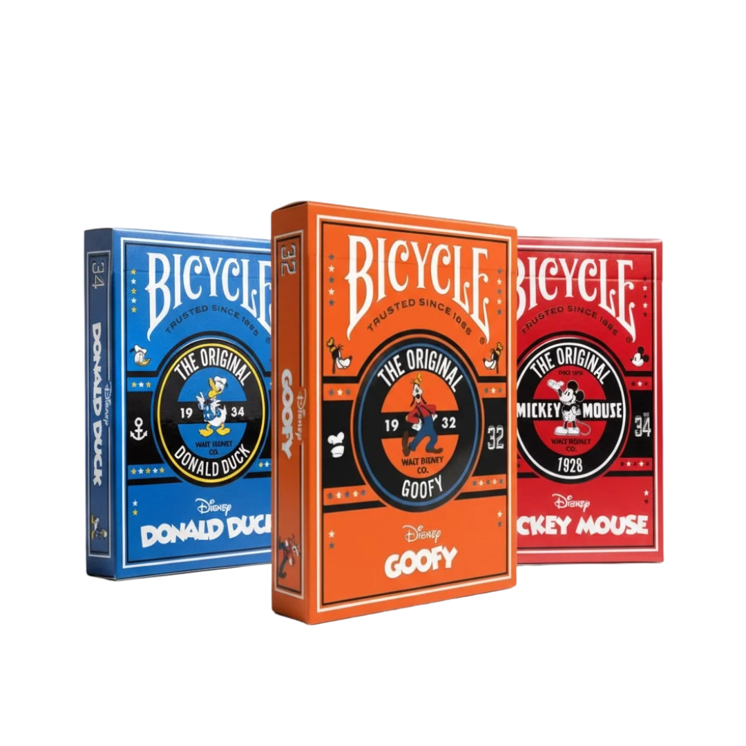Bicycle Disney Three Musketeers bundle featuring Goofy, Mickey Mouse, and Donald Duck playing card decks
