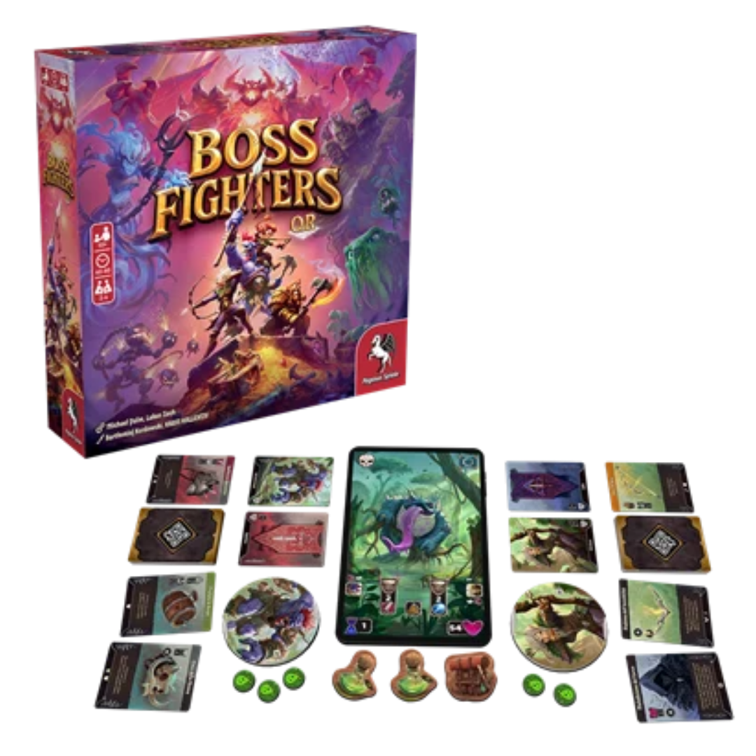 Boss Fighters QR board game with box, cards, tokens, hero standees, and app-assisted boss battle setup