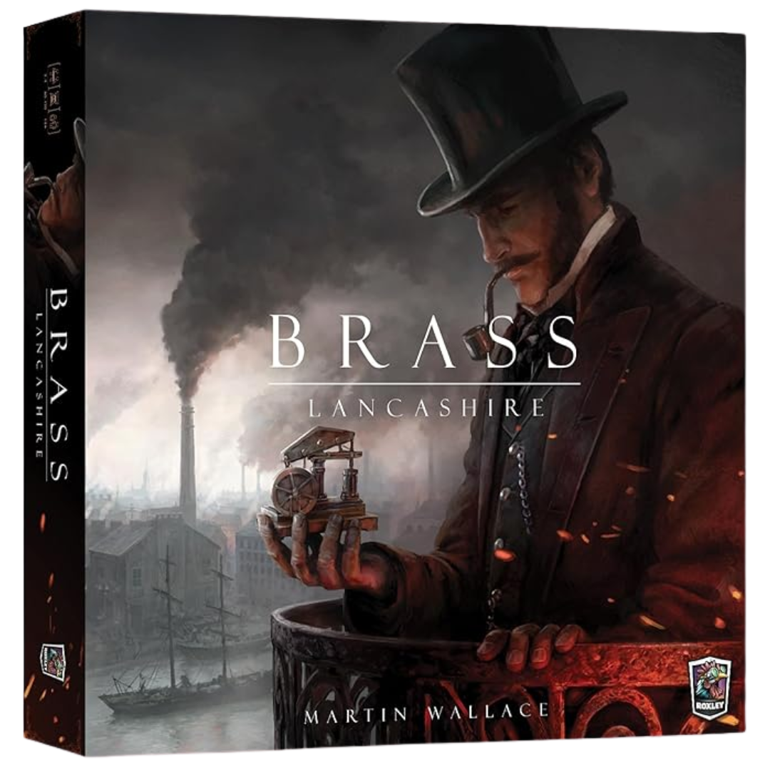 Brass Lancashire board game box art featuring industrial era artwork and smokestacks by Martin Wallace
