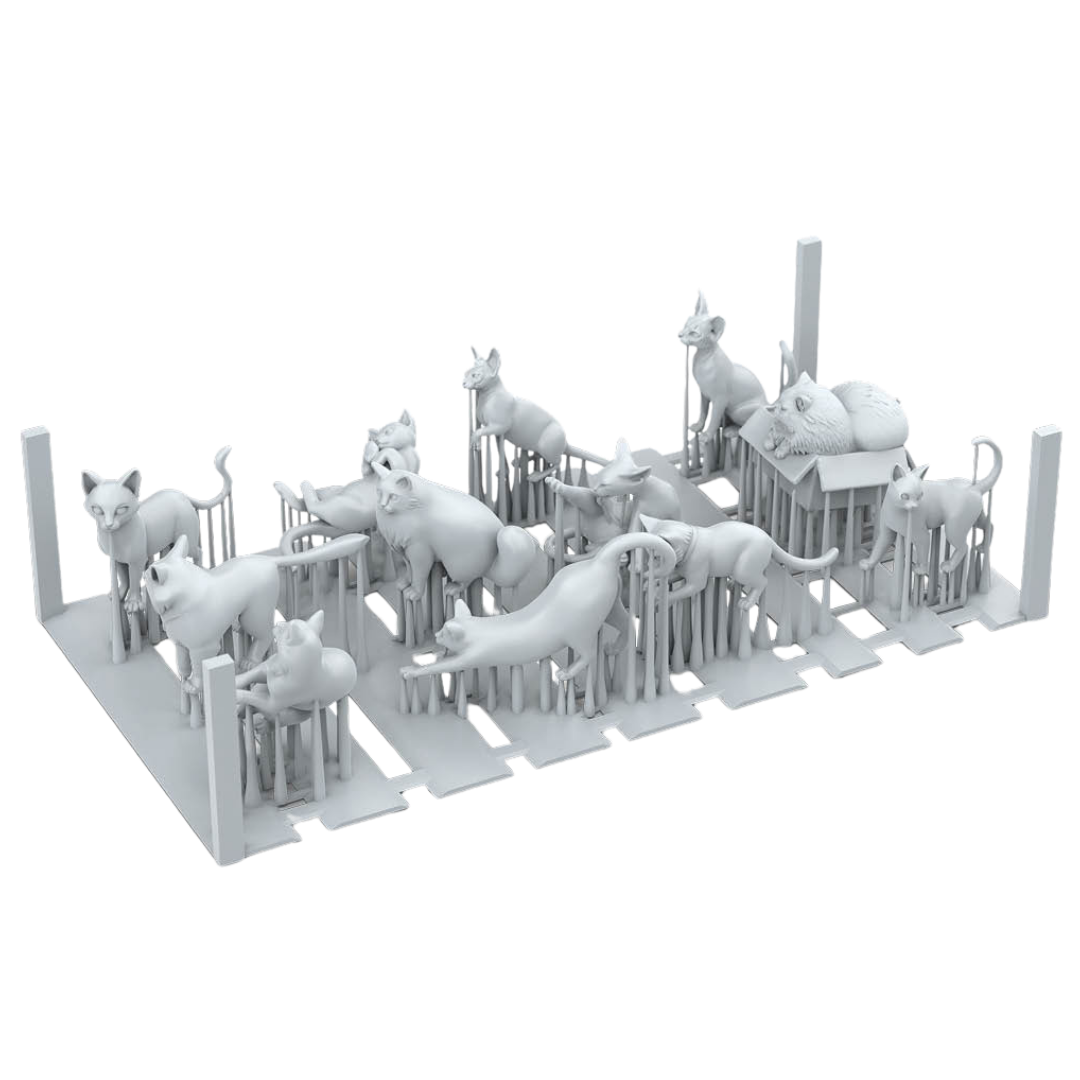 AK Interactive Basing Bits Cats set featuring 12 detailed 3D-printed resin cat miniatures for tabletop basing