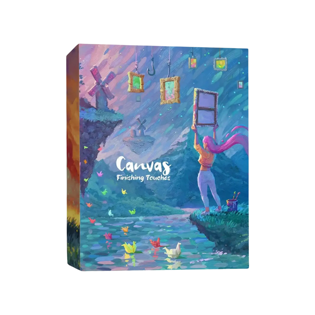 Canvas: Finishing Touches expansion, board game featuring Frames, Platinum Ribbons, and new scoring challenges for creative and competitive gameplay.