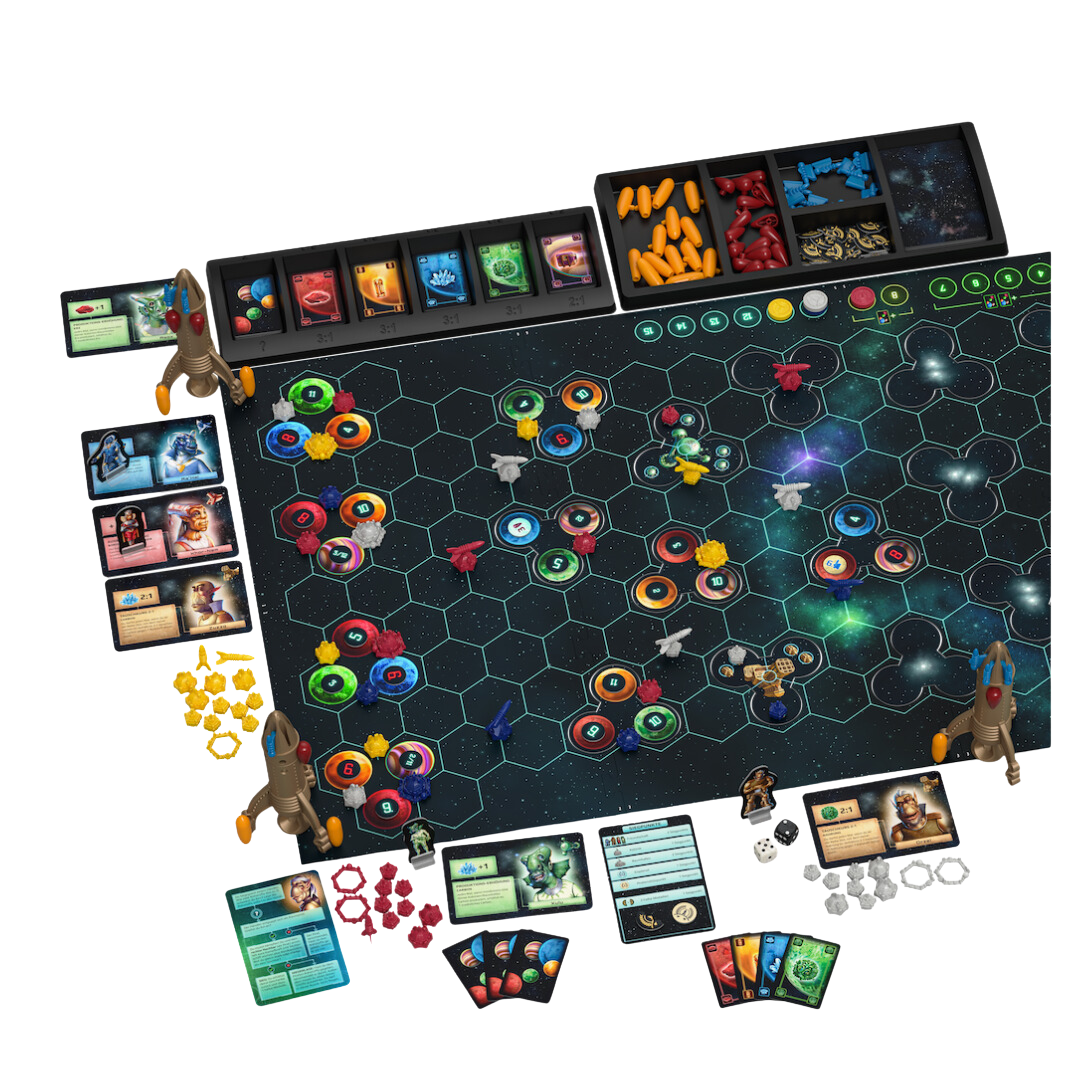 CATAN: Starfarers gameplay setup featuring a hexagonal space-themed game board, colorful resource pieces, detailed motherships, player cards, and premium-quality components.
