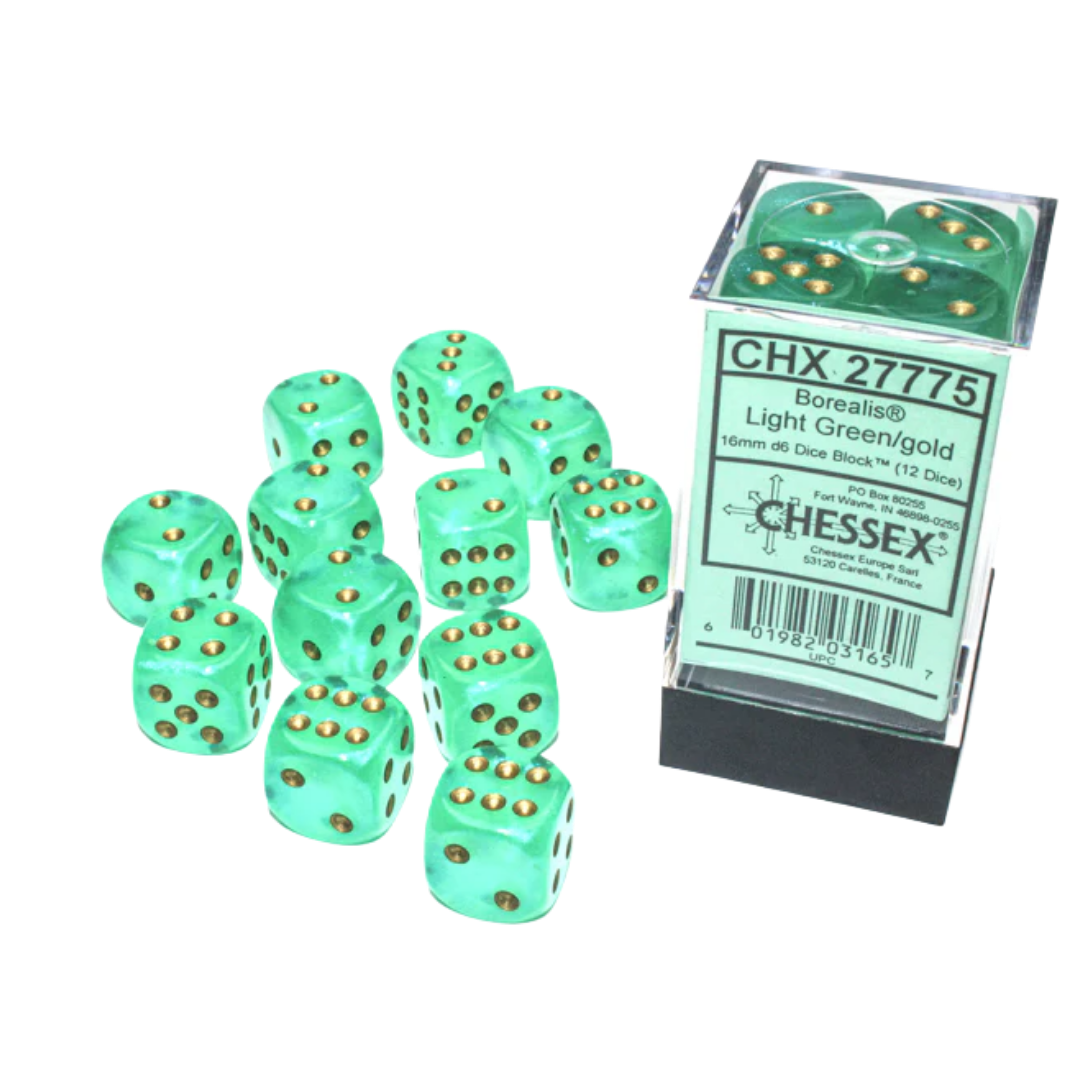 Chessex - 12D6 - Borealis - Light Green/Gold Pips