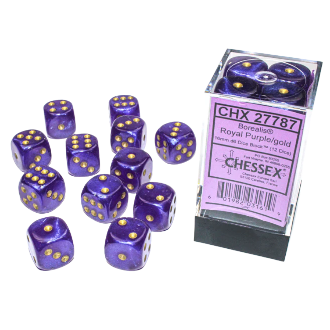 Chessex - 12D6 - Borealis - Royal Purple/Gold Pips