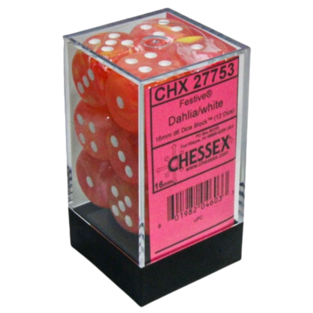 Chessex 12D6 Festive Dahlia/White Pips dice set, vibrant six-sided dice with Dahlia design and white pips for tabletop RPGs and board games.