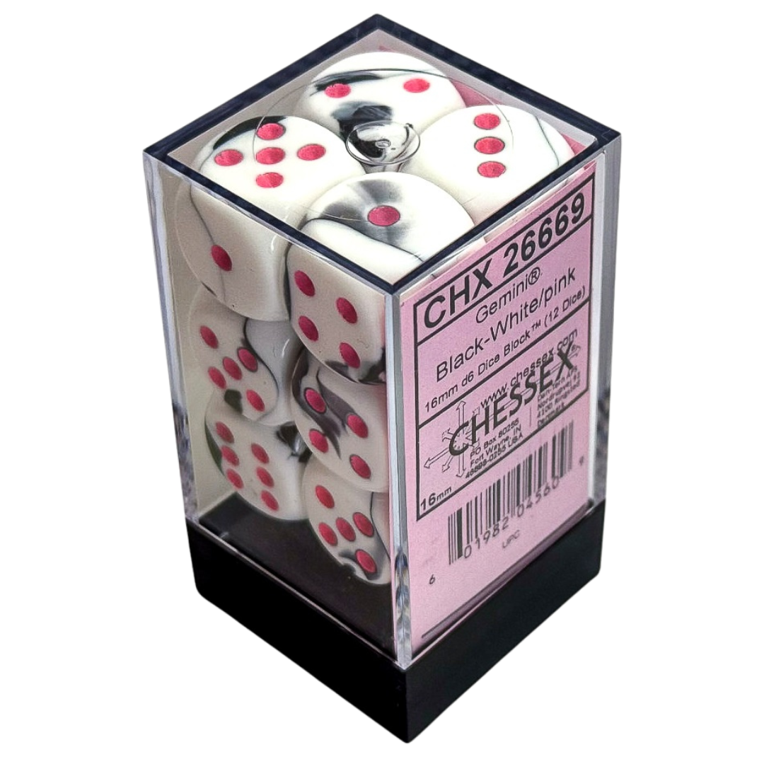 Chessex 12D6 Gemini Black-White/Pink Pips dice set, durable six-sided dice with black-and-white design and pink pips for tabletop RPGs and collectors.