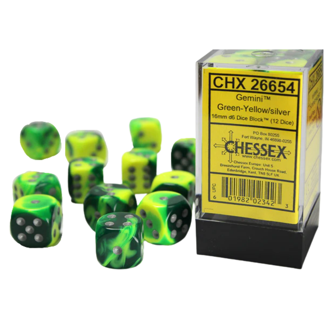 Chessex - 12D6 - Gemini - Green-Yellow/Silver Pips