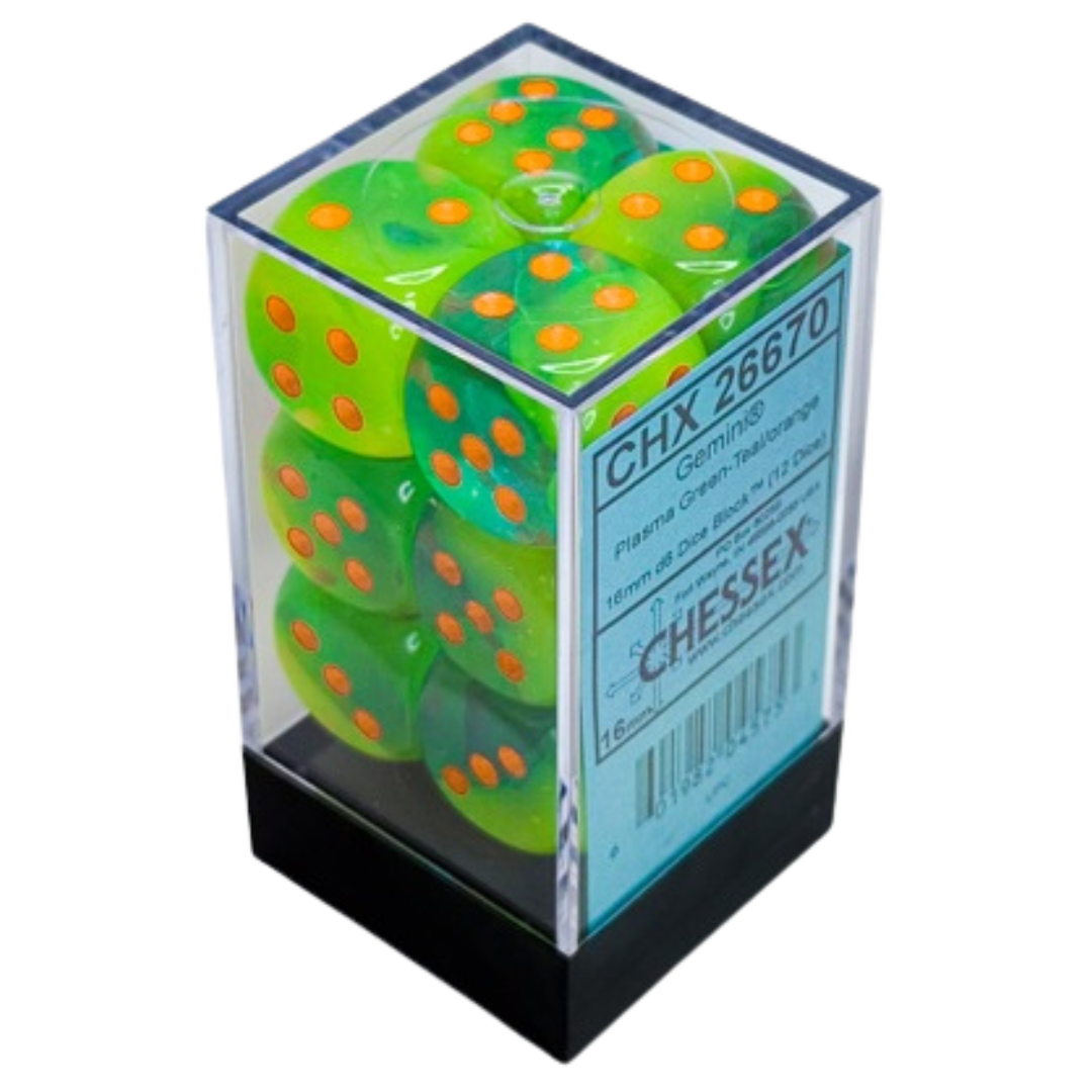 Chessex 12D6 Gemini Plasma Green-Teal/Orange Pips dice set, vibrant six-sided dice with dynamic color design and orange pips for tabletop RPGs and board games.