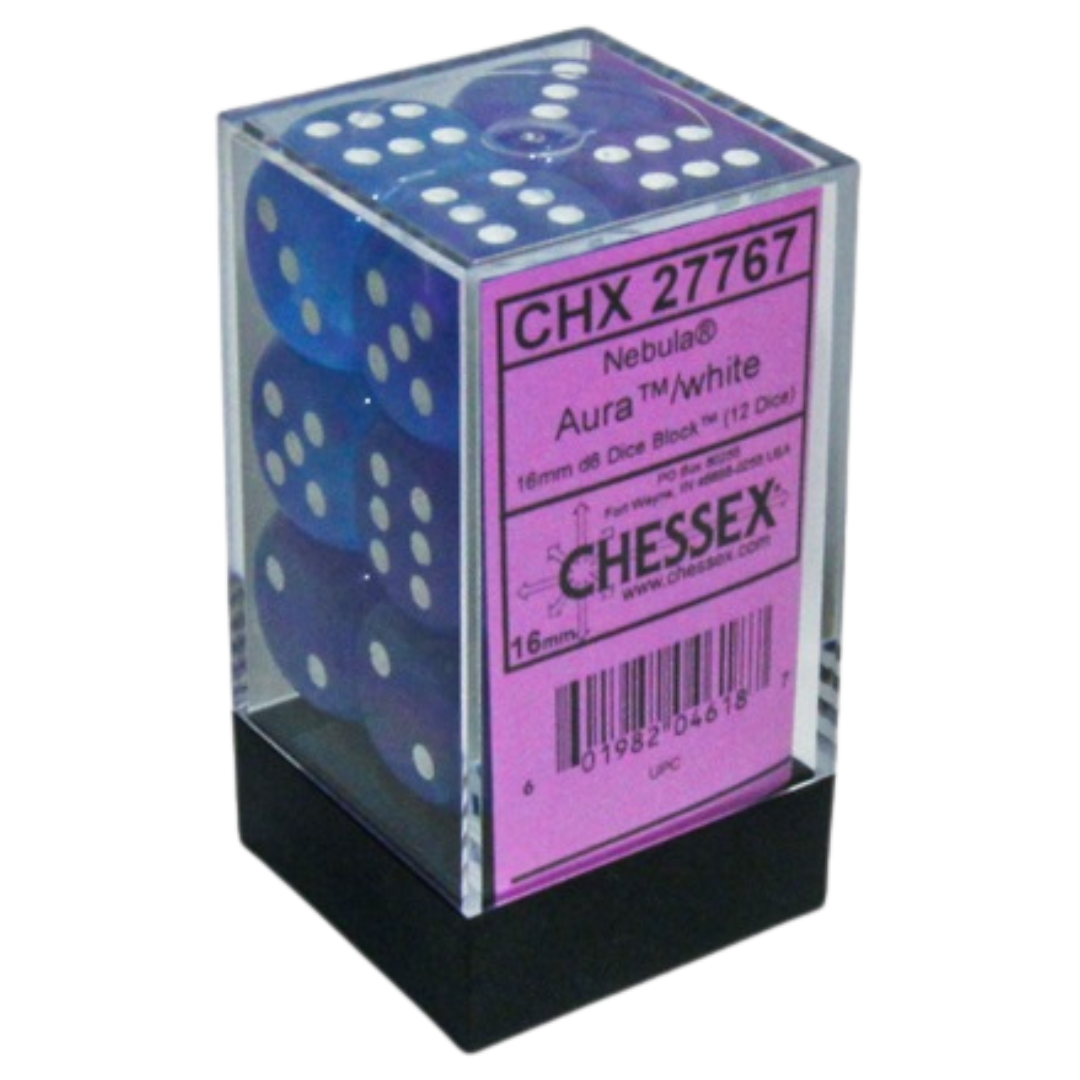 Chessex Nebula 12D6 Aura Dice Set – Translucent blue dice with purple and pink swirls, white pips, and glow-in-the-dark Luminary effect