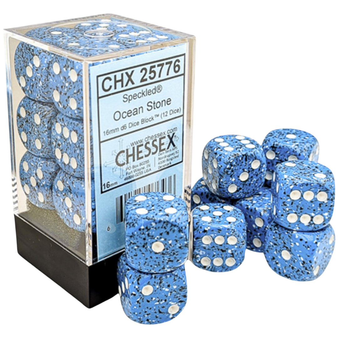 Chessex 12D6 Speckled Ocean Stone six-sided dice with white pips for tabletop RPGs, board games, and wargaming