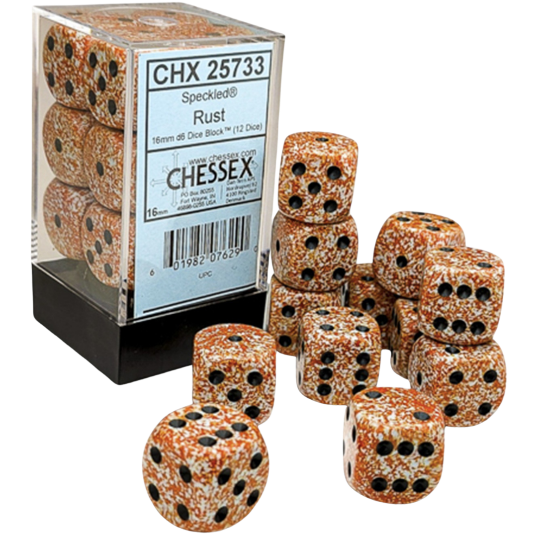 Chessex 12D6 Speckled Rust six-sided dice with black pips for tabletop games and RPGs