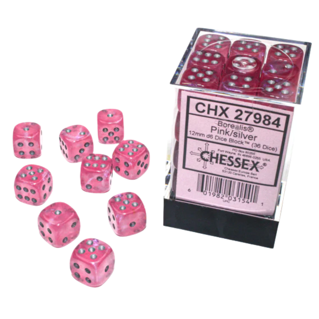 Chessex - 36D6 - Borealis - Pink/Silver Pips