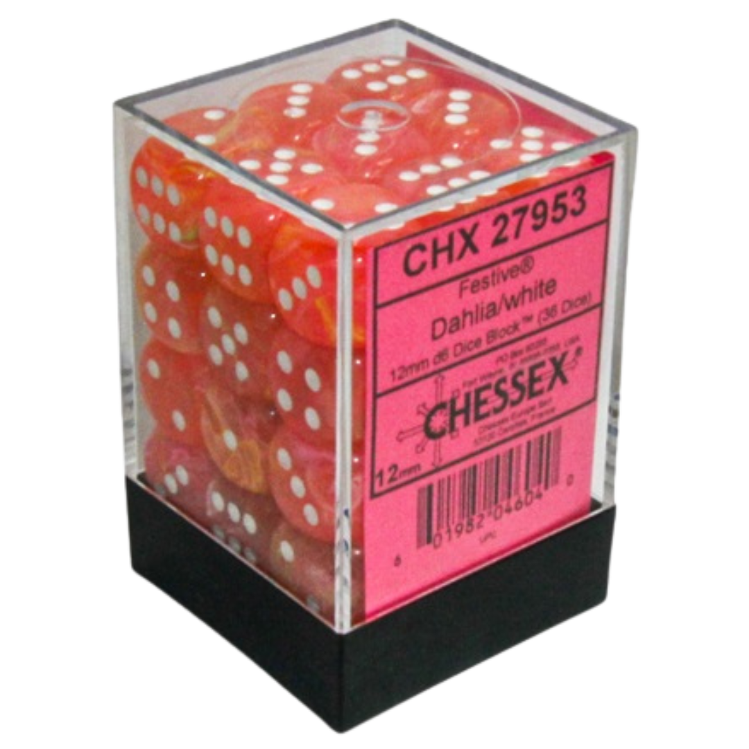 Chessex 36D6 Festive Dahlia/White Pips dice set, high-quality six-sided dice with Dahlia design and white pips for RPG and tabletop games.