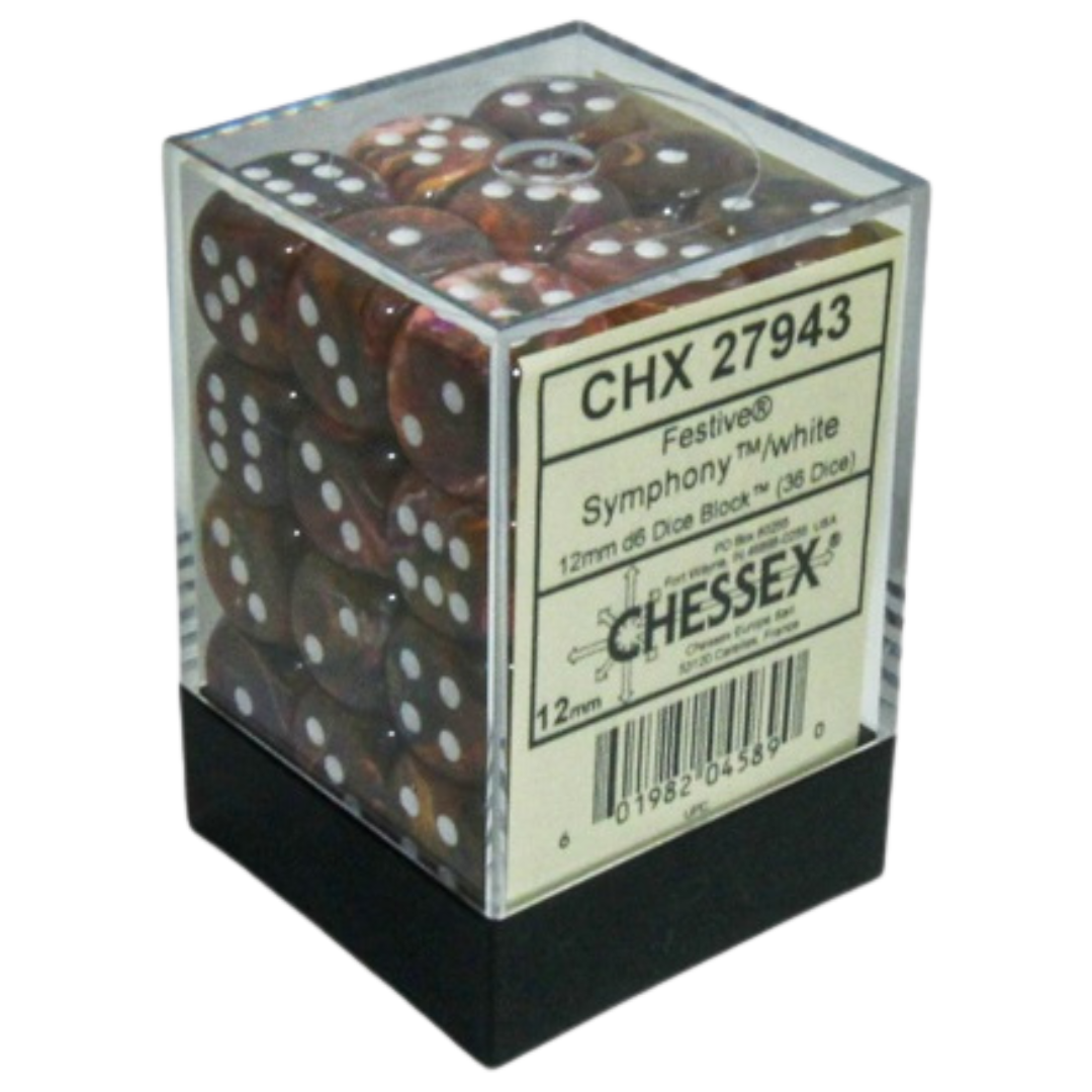 Chessex 36D6 Festive Symphony/White Pips dice set, high-quality six-sided dice with Symphony design and white pips for RPG and tabletop games.