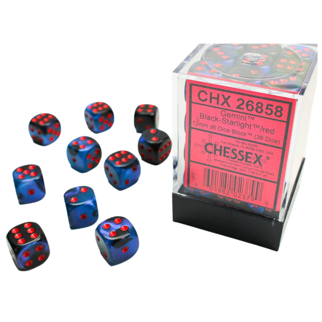 Chessex - 36D6 - Gemini - Black-Starlight/Red Pips