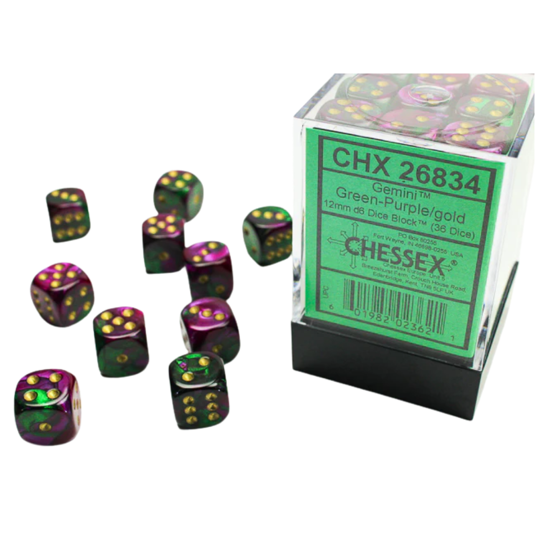 Chessex - 36D6 - Gemini - Green-Purple/Gold Pips