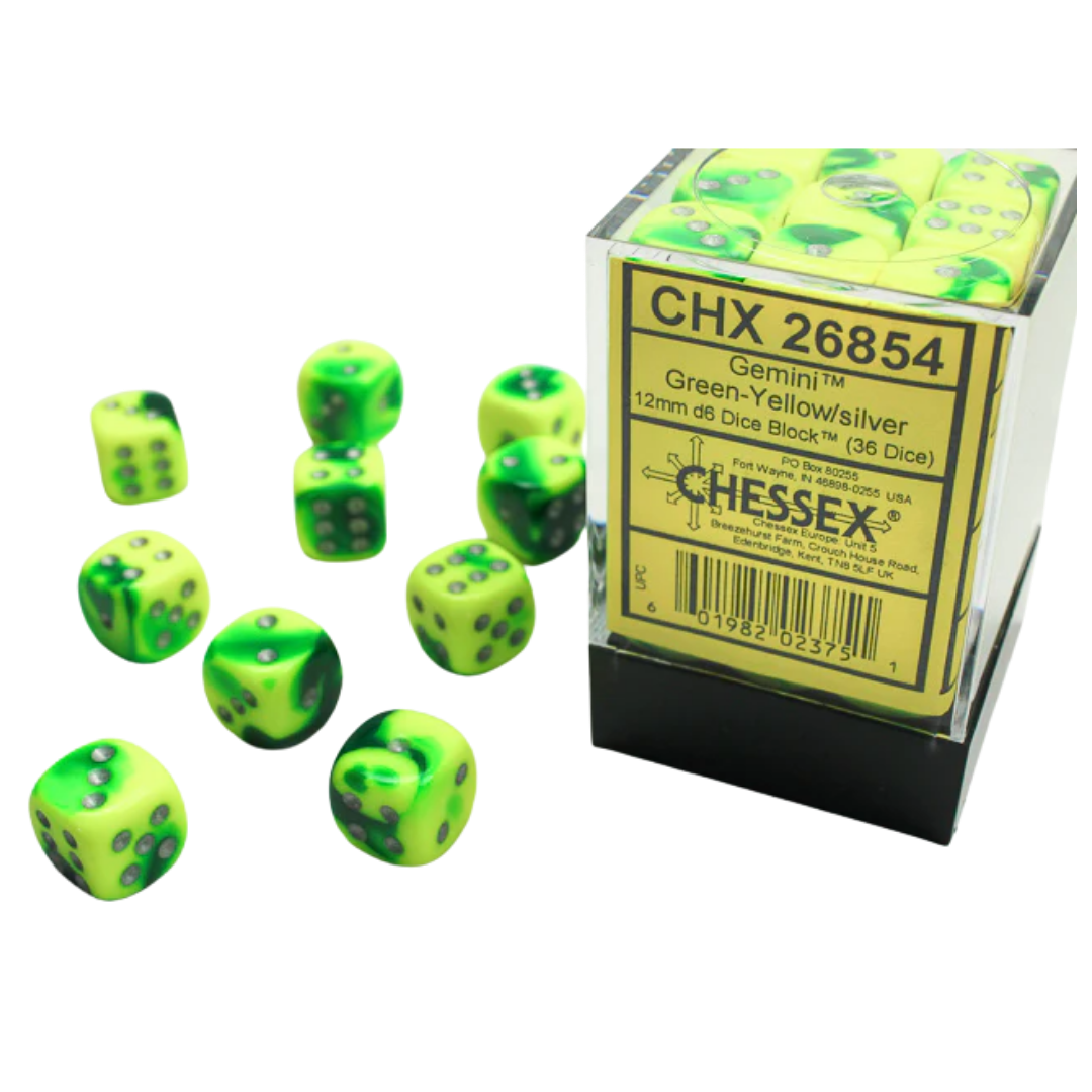 Chessex - 36D6 - Gemini - Green-Yellow/Silver Pips