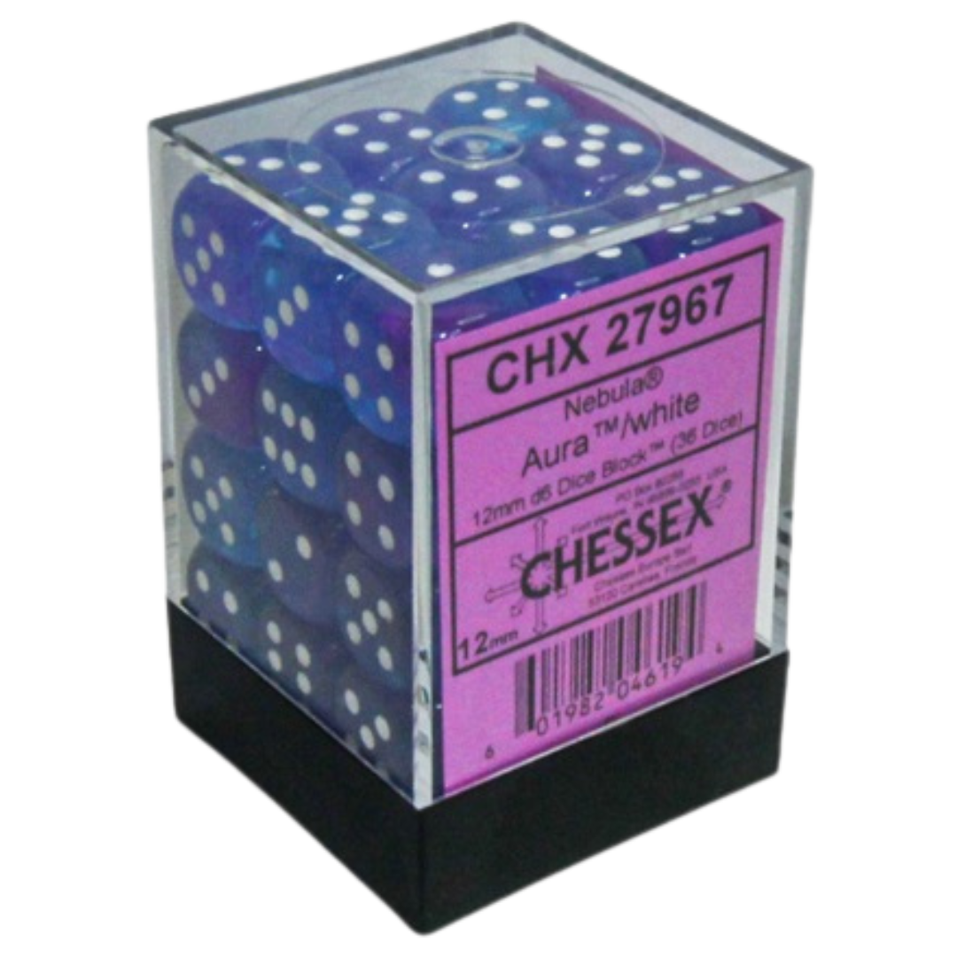 Chessex Nebula 36D6 Aura Dice Set – Translucent blue with purple and pink swirls, white pips, and Luminary glow-in-the-dark effect
