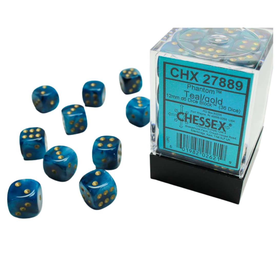 Chessex - 36D6 - Phantom - Teal/Gold Pips