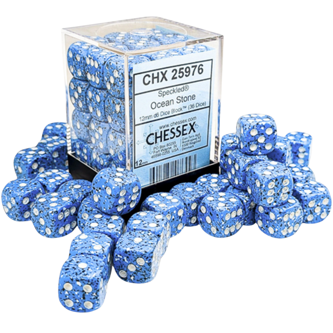 Chessex 36D6 Speckled Ocean Stone six-sided dice with white pips for tabletop RPGs, board games, and wargaming