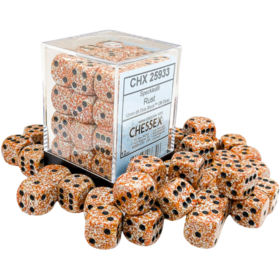 Chessex 36D6 Speckled Rust six-sided dice with black pips for tabletop games, RPGs, and wargaming