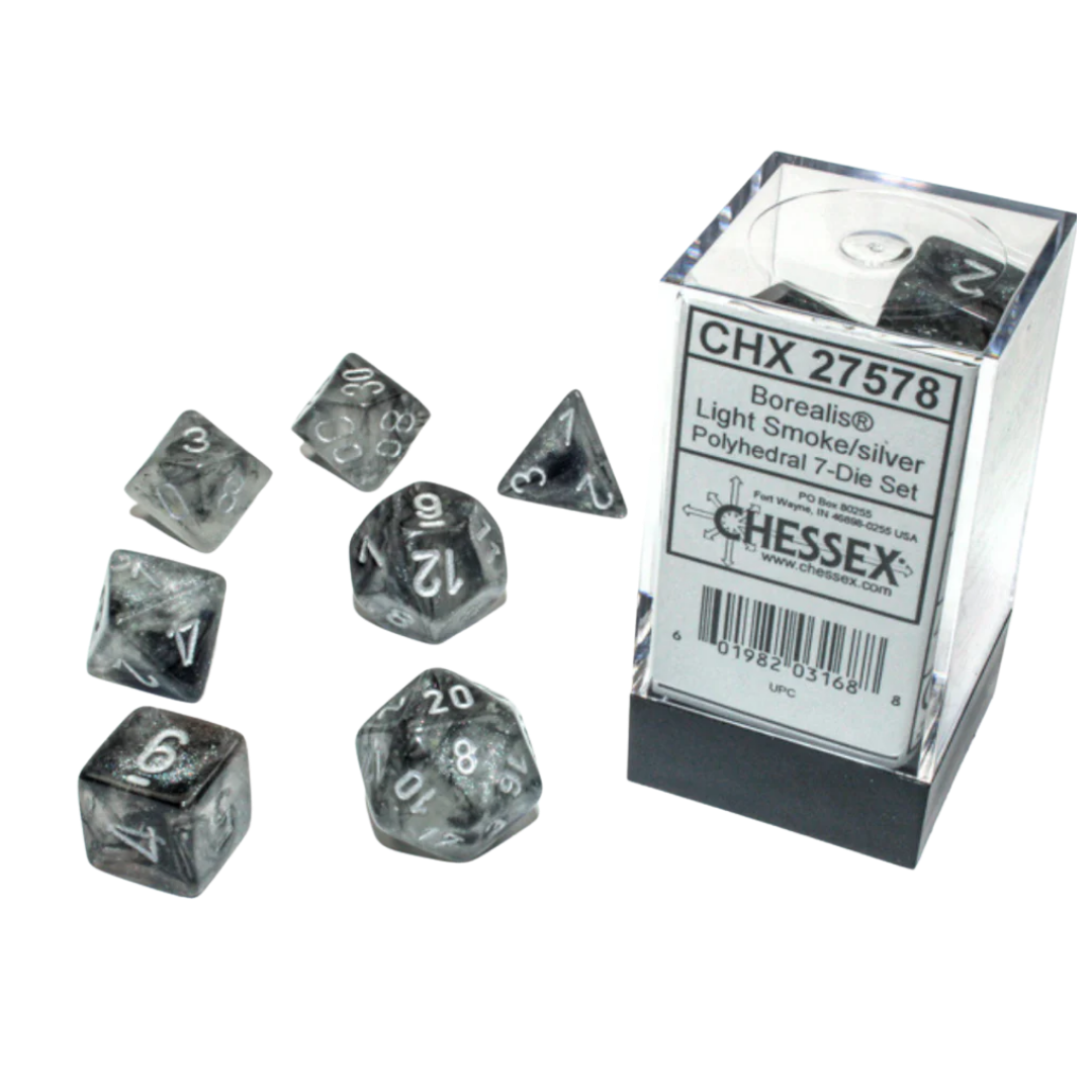 Chessex - 7PC - Borealis - Light Smoke/Silver Numbers