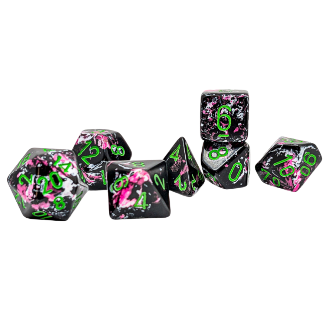 Chessex 7PC Brush Paintball polyhedral dice set with green pips for tabletop RPG gameplay