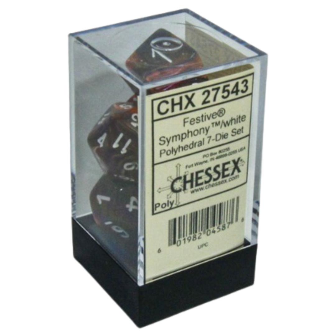 Chessex 7PC Festive Symphony/White Pips dice set, vibrant polyhedral dice with Symphony design and white pips for tabletop RPGs and collectors.